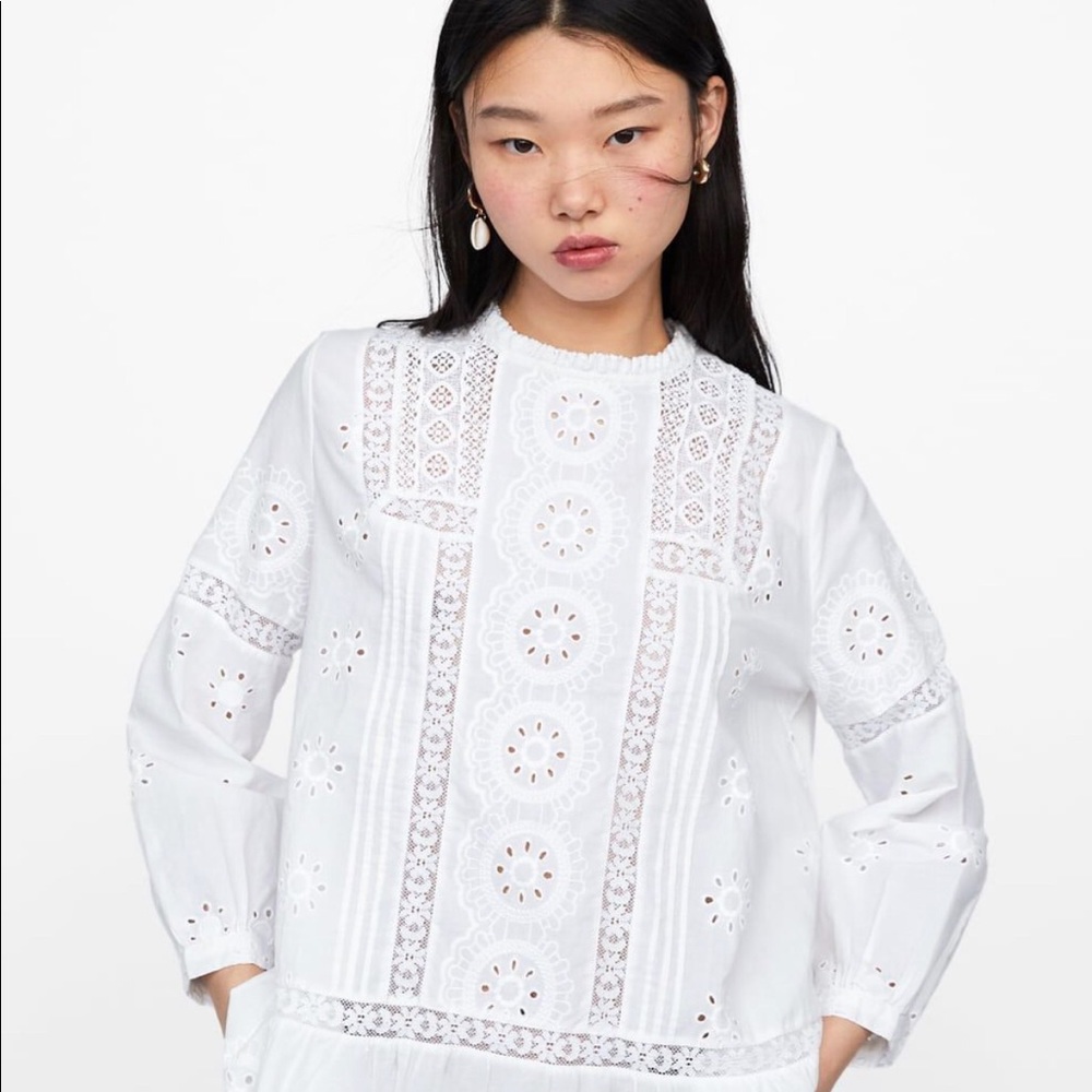 Zara White Lace Eyelet Blouse